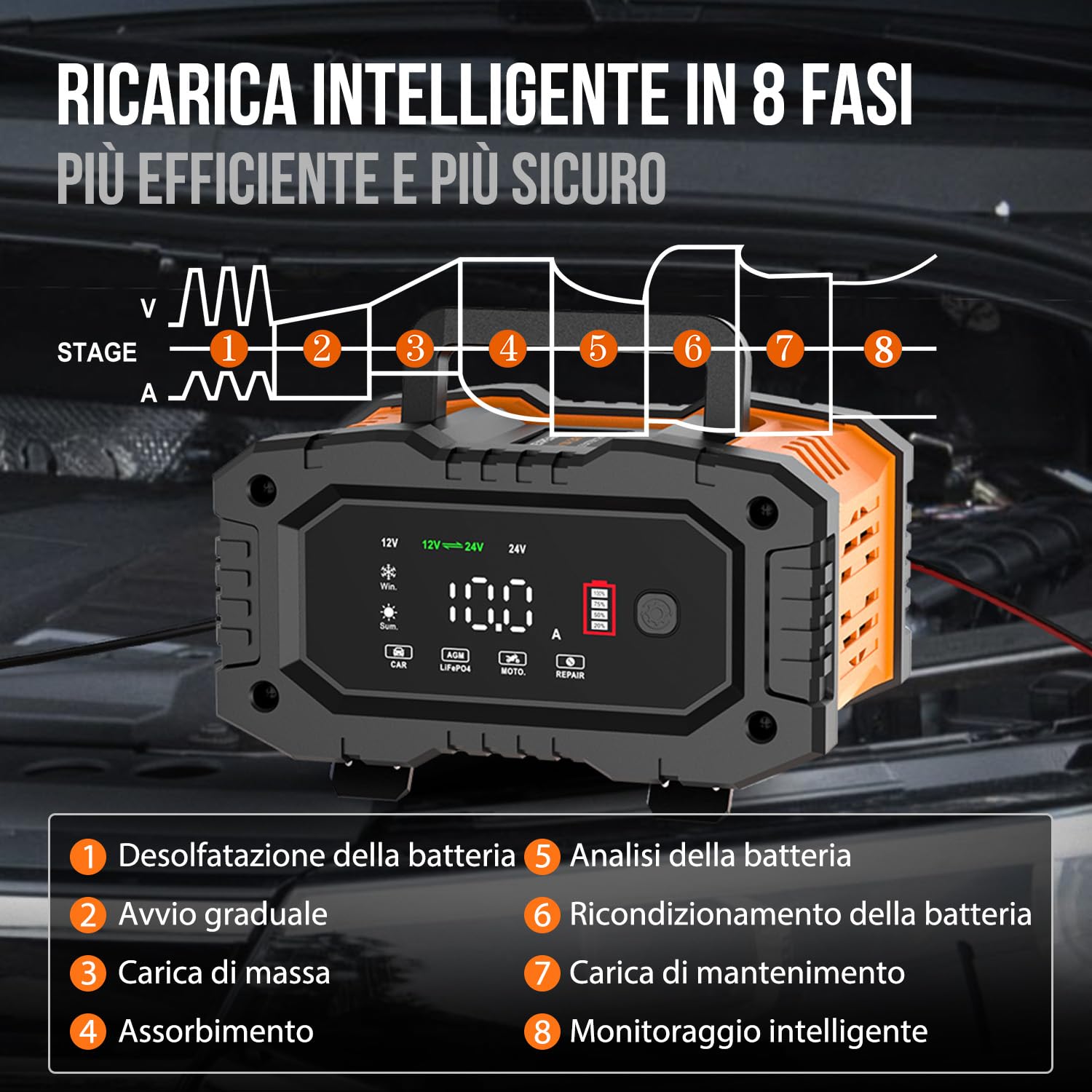 Caricabatterie Intelligente 10A, Caricabatterie per Auto LiFePO4 12V 24V, Mantenitore Automatico della Batteria con Compensazione della Temperatura per Auto Moto Camion, AGM, Gel, Bagnato, SLA