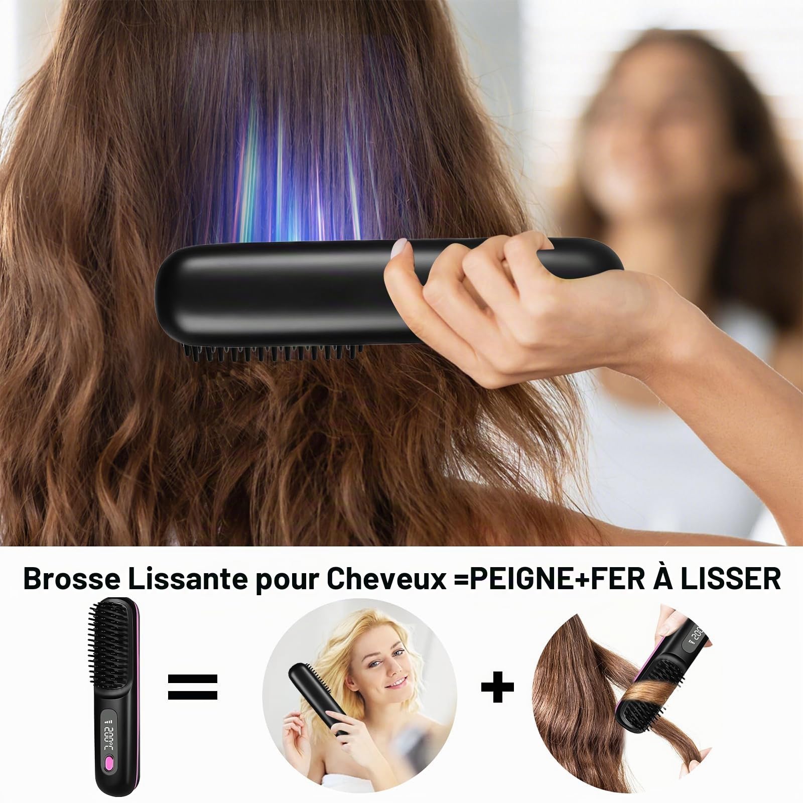 Go Brush Pro Peigne chauffant portable avec 3 modes de température - Brosse à lisser les cheveux sans fil pour le coiffage et les voyages