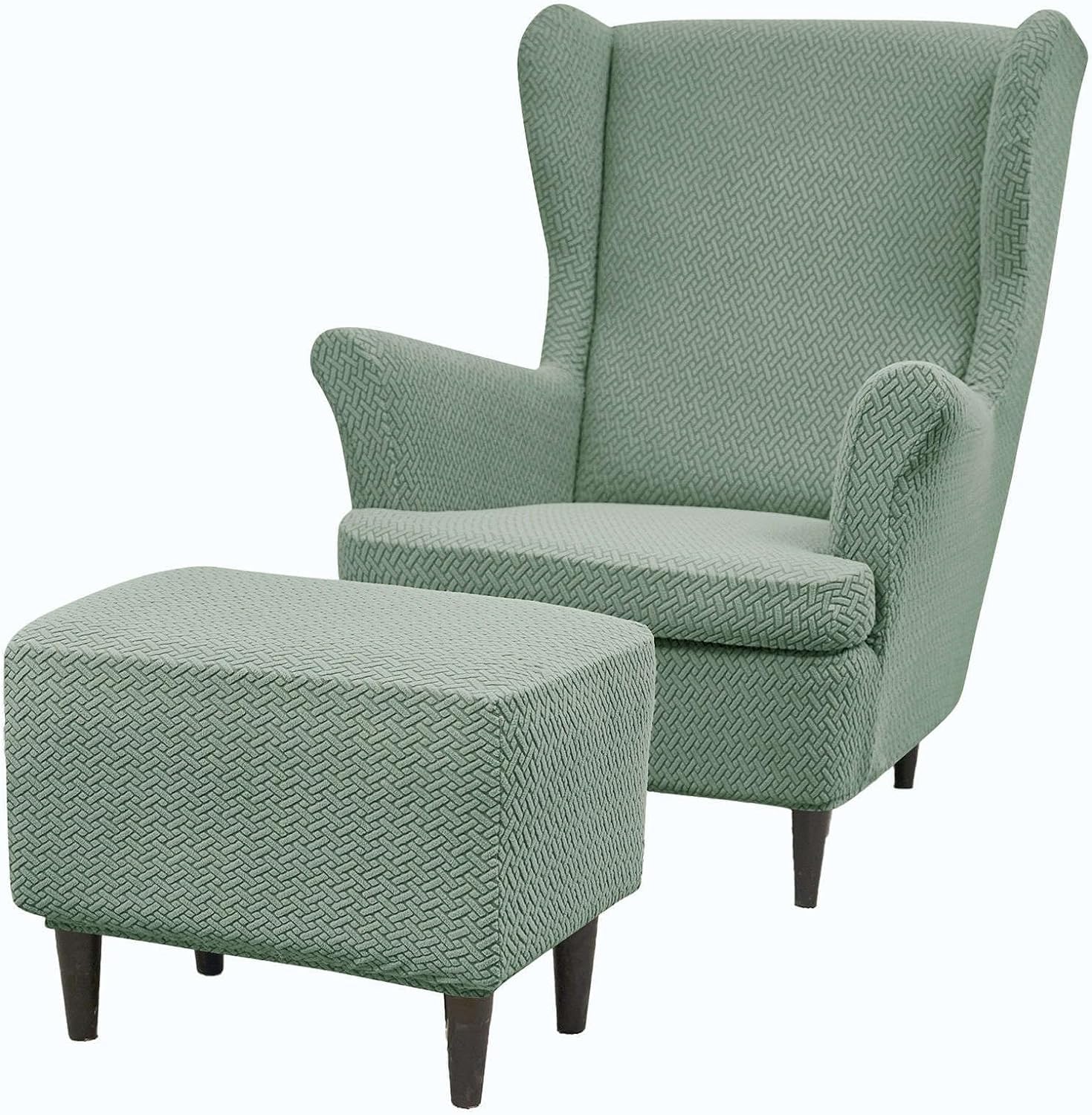 HACLEN Wingback Chair Cover with Ottoman Cover, Jacquard Wingback Chair Slipcover with Cushion Cover Stretch Washable Wing Chair Cover (Green,one size)