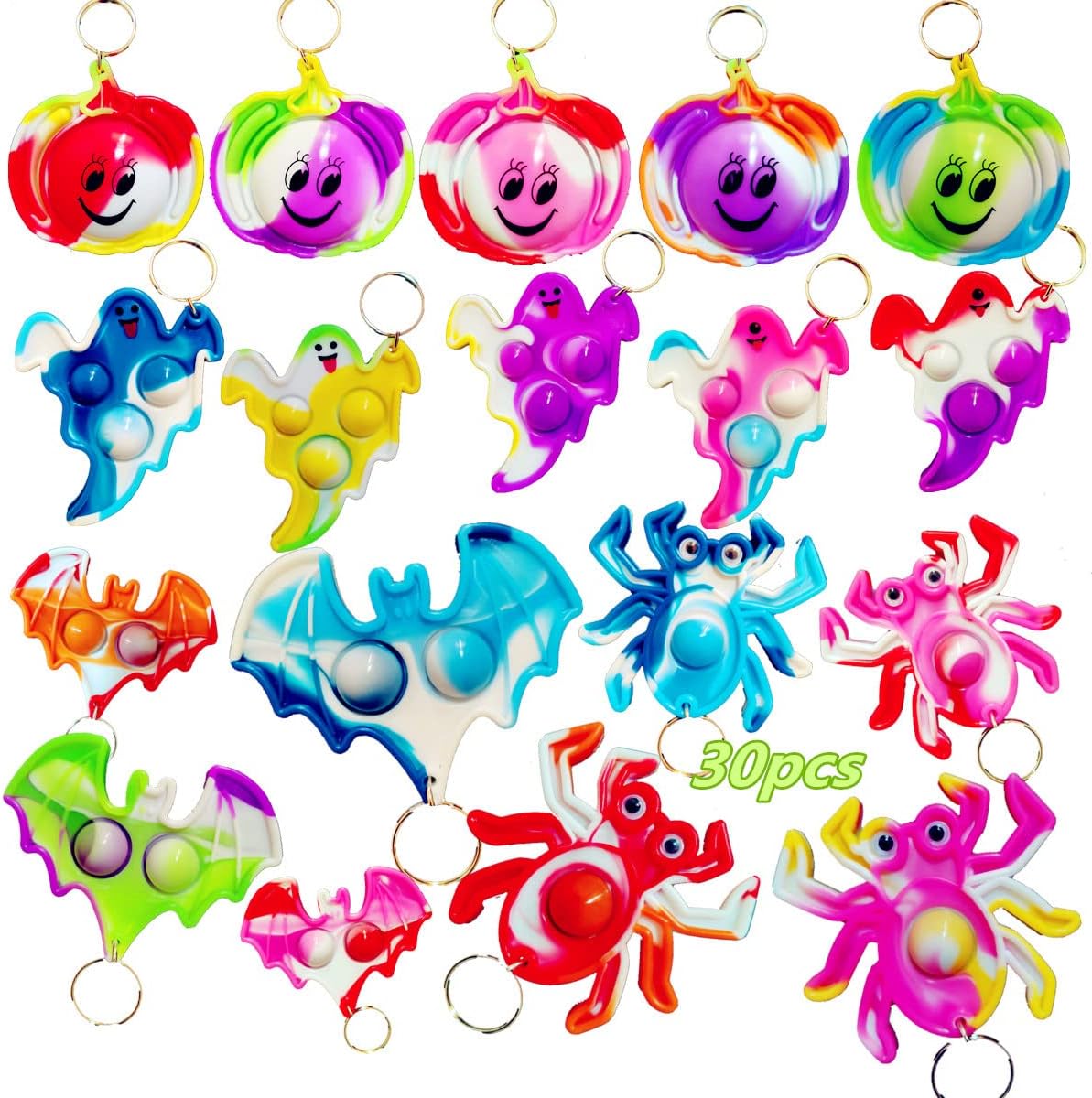 30 Packs Bulk Halloween ghost pumpkin spider bat Fidget Bubble Mini Pop Keychain，Halloween Party Favors Small Birthday Supplies and Student Prizes