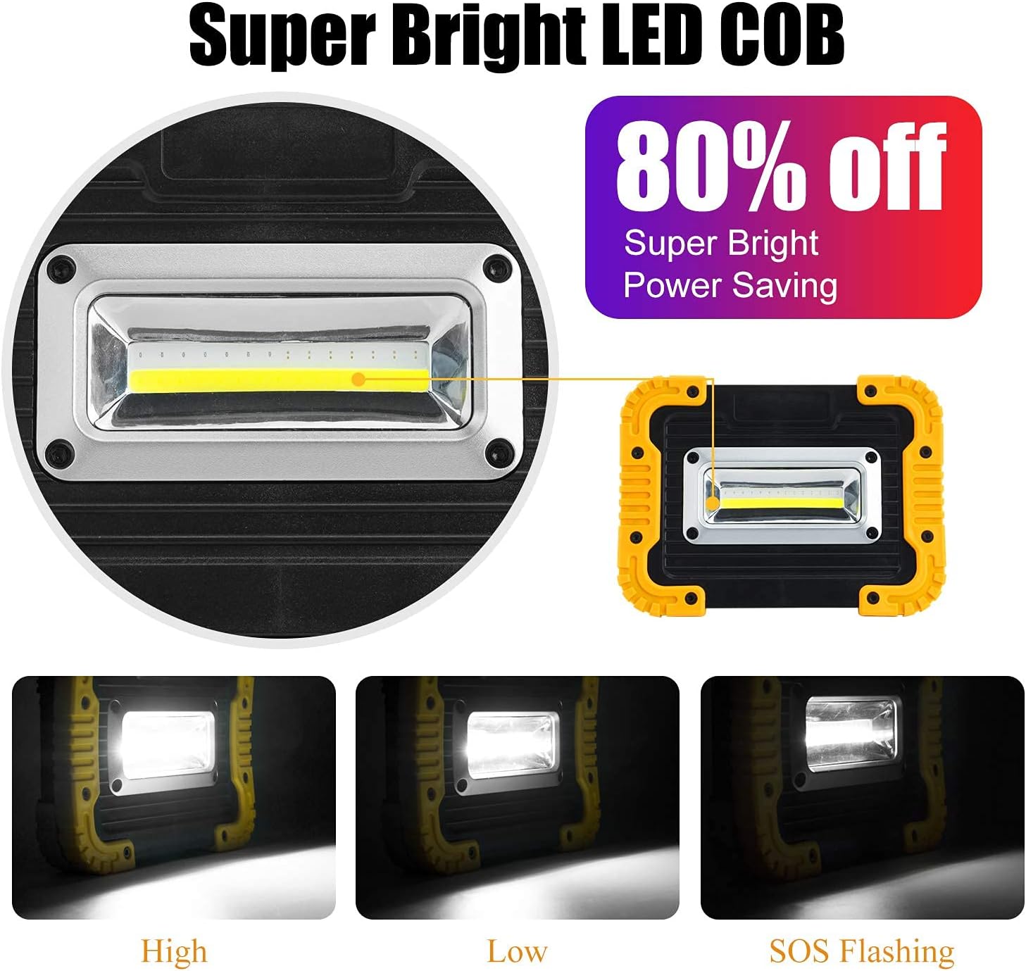 Rechargeable LED Work Light, 2 COB 1500LM Waterproof Job Light with Power Bank, Portable Floodlight for Job site Lighting, Car Repairing, Outdoor with Warning Mode (Yellow/2 Pack)