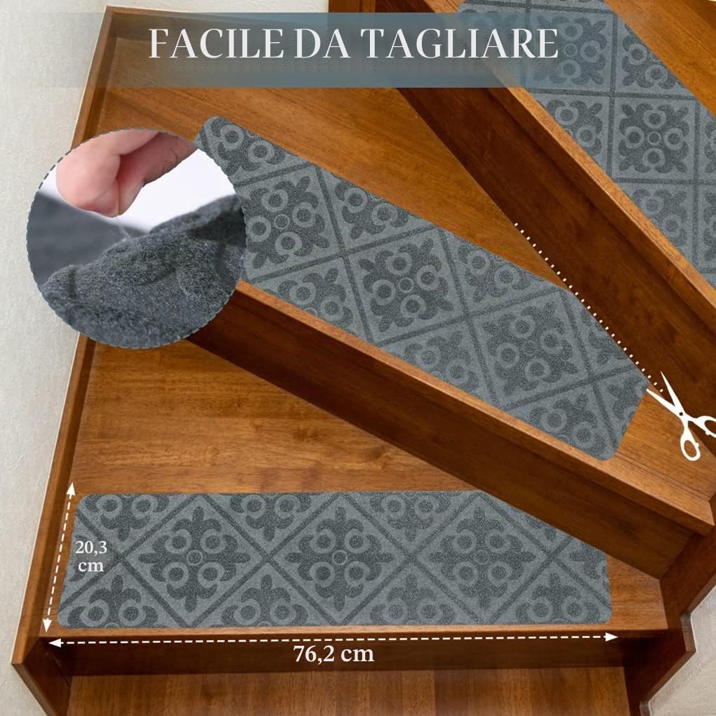 Arthome Tappeti per Scale 15 Pezzi 20x76cm per Gradini Legno, Tappetini Antiscivolo Sicurezza per animali domestici, anziani e bambini, Adesivi Antiscivolo per Moquette (Grigio Goffrato)