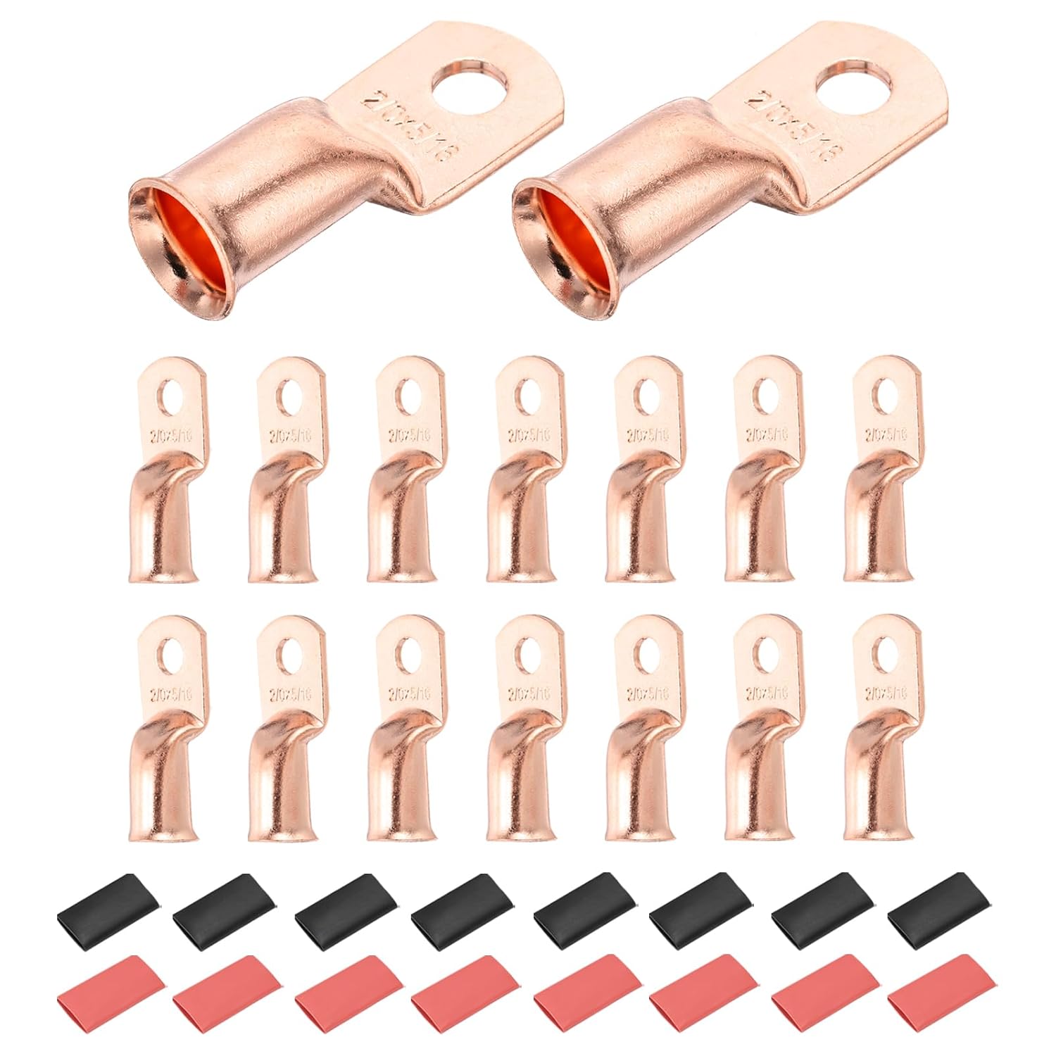 DMiotech 16 Pcs 2/0 AWG - 5/16" Copper Cable Lugs, Battery Cable Ends, Heavy Duty Copper Wire Lugs with 16pcs Heat Shrink Tubing for Electrical Projects