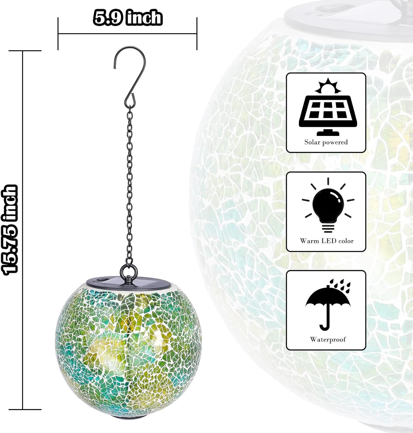 Solar Hanging Lantern Solar Outdoor Lanterns Mosaic Gazing Ball Outdoor Hanging Lights Outdoor Lights Waterproof Garden, Patio, Pathway & Yard Décor Green