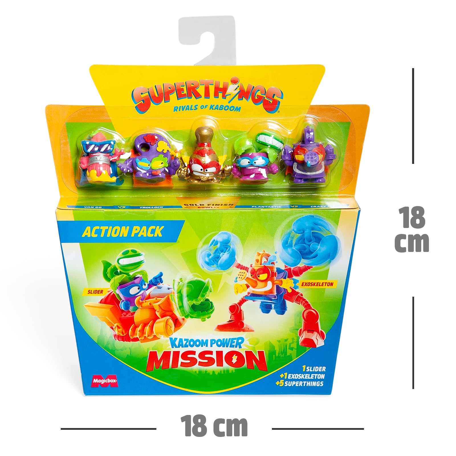 SUPERTHINGS KAZOOM Power Mission – Action Pack. Zestaw zawiera 5 figurek SuperThings (w tym 1 złoty SuperLider), 1 egzoszkielet, 1 slider – Zestaw 3 z 4