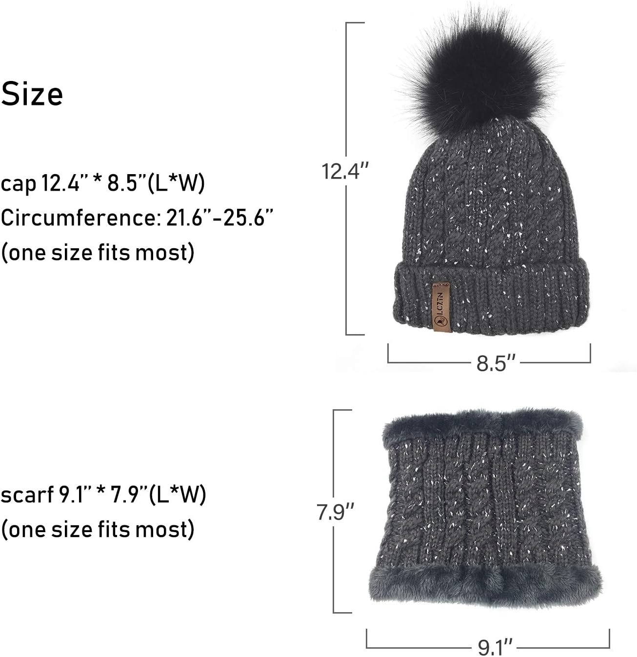 LCZTN Womens Pom Beanie Hat Scarf Set Girls Cute Winter Ski Hat Slouchy Knit Skull Cap with Fleece Lined - Image 6