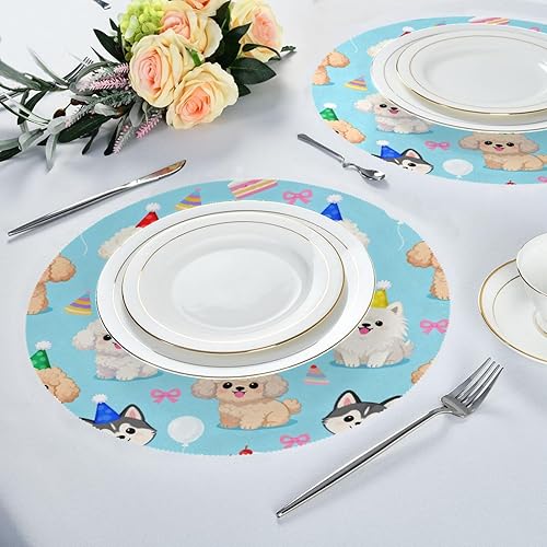 Miniatura 5 de Happy Birthday Cute Dog Round Natural placemats Linen Waterproof Place mat individuales para mesa de comedor redondos 15.4x15.4in Set of 6