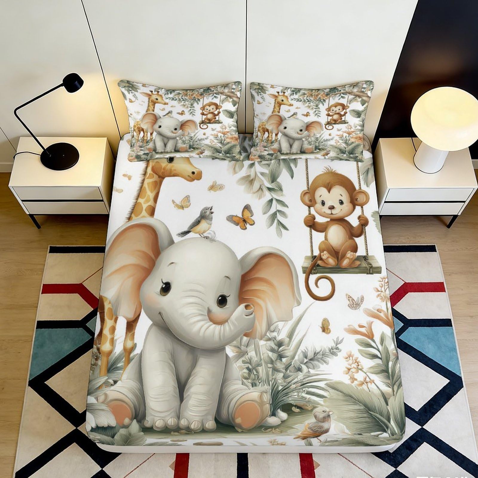 3D Printed Cartoon Jungle Animal Fitted Sheet Microfiber Soft Breathable Monkey Elephant Bed Cover for Bedroom Decor 90x200x25cm