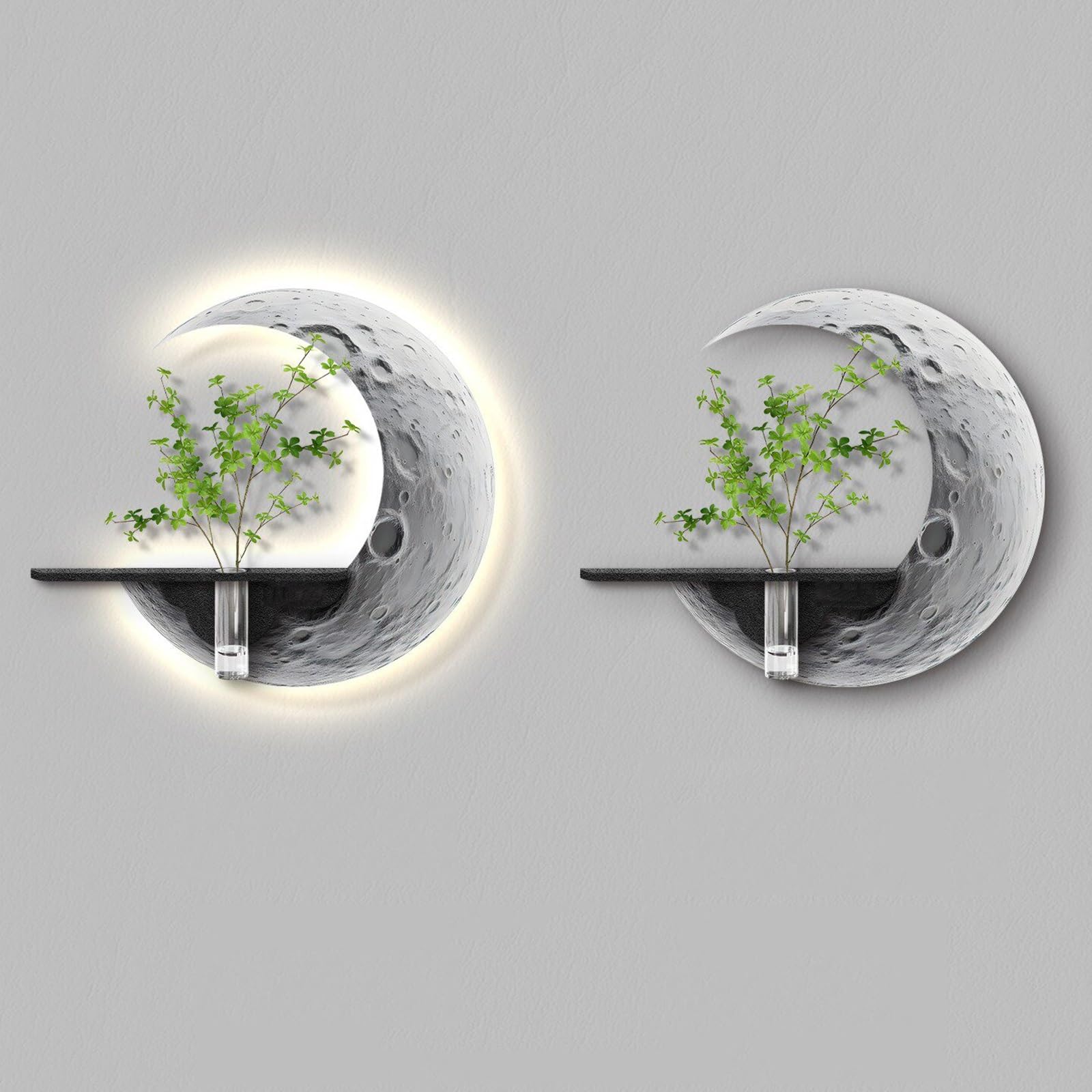 ZCQMSCWW 3D Circular Sandstone Wall Art with LED Lights and Hydroponic Plant Holder, Modern Minimalist Moon Sculpture for Living Room, Bedroom, Entryway Decor(A,70 * 70cm/27.5 * 27.5in)