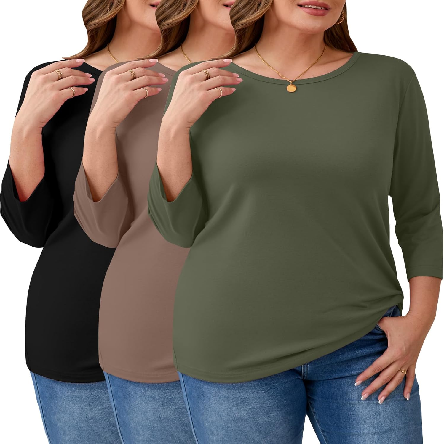 Ficerd 3 Pack Plus Size 3/4 Sleeve Tops for Women Round Neck T-Shirt Trendy Basic Tee Cozy Loose Blouse XL-5XL
