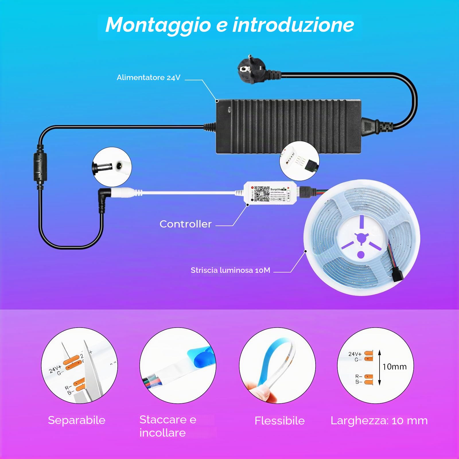 10M WiFi Striscia LED RGB COB luminosa LED, 24V Striscia LED COB RGB dimmerabile con telecomando e alimentatore, striscia luminosa LED ad alta densità 576LEDs/M,compatibile con Alexa, Google home