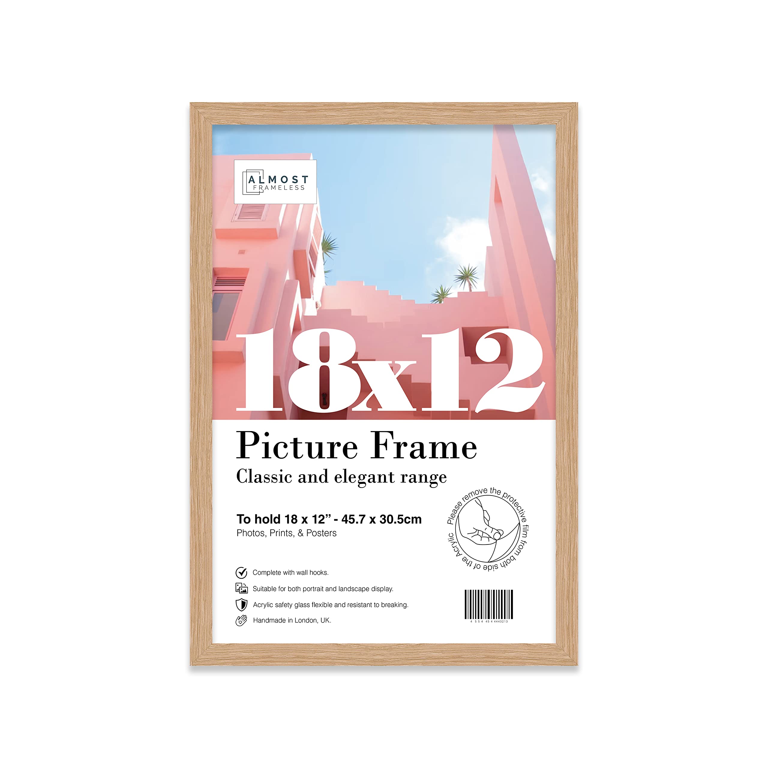 Almost Frameless 18x12 Oak Picture Frame 18"x12"(45.7x30.5cm) Poster, Photo, Artwork, or Print. Thin Edge Slim Frame Portrait and Landscape Display with Wall Hooks