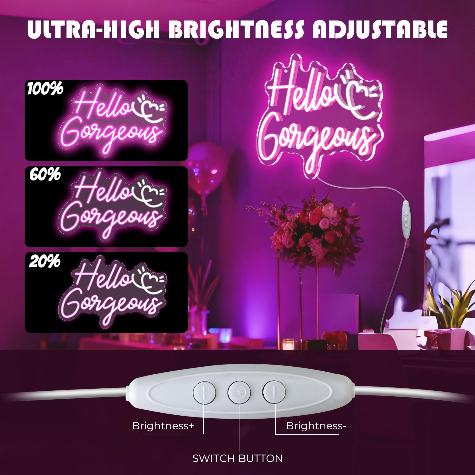 Hello Gorgeous Neonschild, 40,6 x 27,7 cm, LED-Schild, Neonschilder für Wanddekoration mit dimmbarem Schalter, Stromversorgung über USB, rosa Neonlichter für Teenager, Mädchen, Schlafzimmer