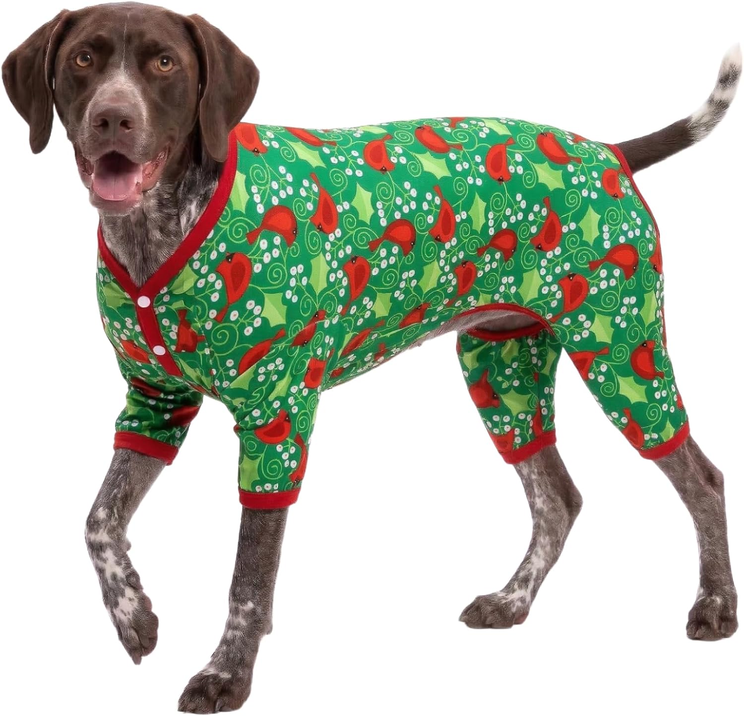 LovinPet Dog Pajamas Onesies for Large Dogs - Dog Pullover, Pet Pajamas for Dogs, Pitbull Shirt, Very Merry Cardinal & Green Prints,Post Surgery Shirt,UV Protection, Pet Anxiety,XL