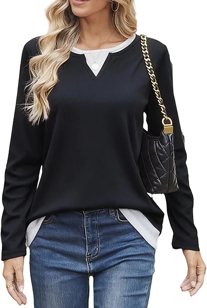 GRACE KARIN Women 2025 Fall Long Sleeve Shirts,Casual Waffle Knit Tops,Crew Neck Color Block Tunics Winter Dressy Work Outfit