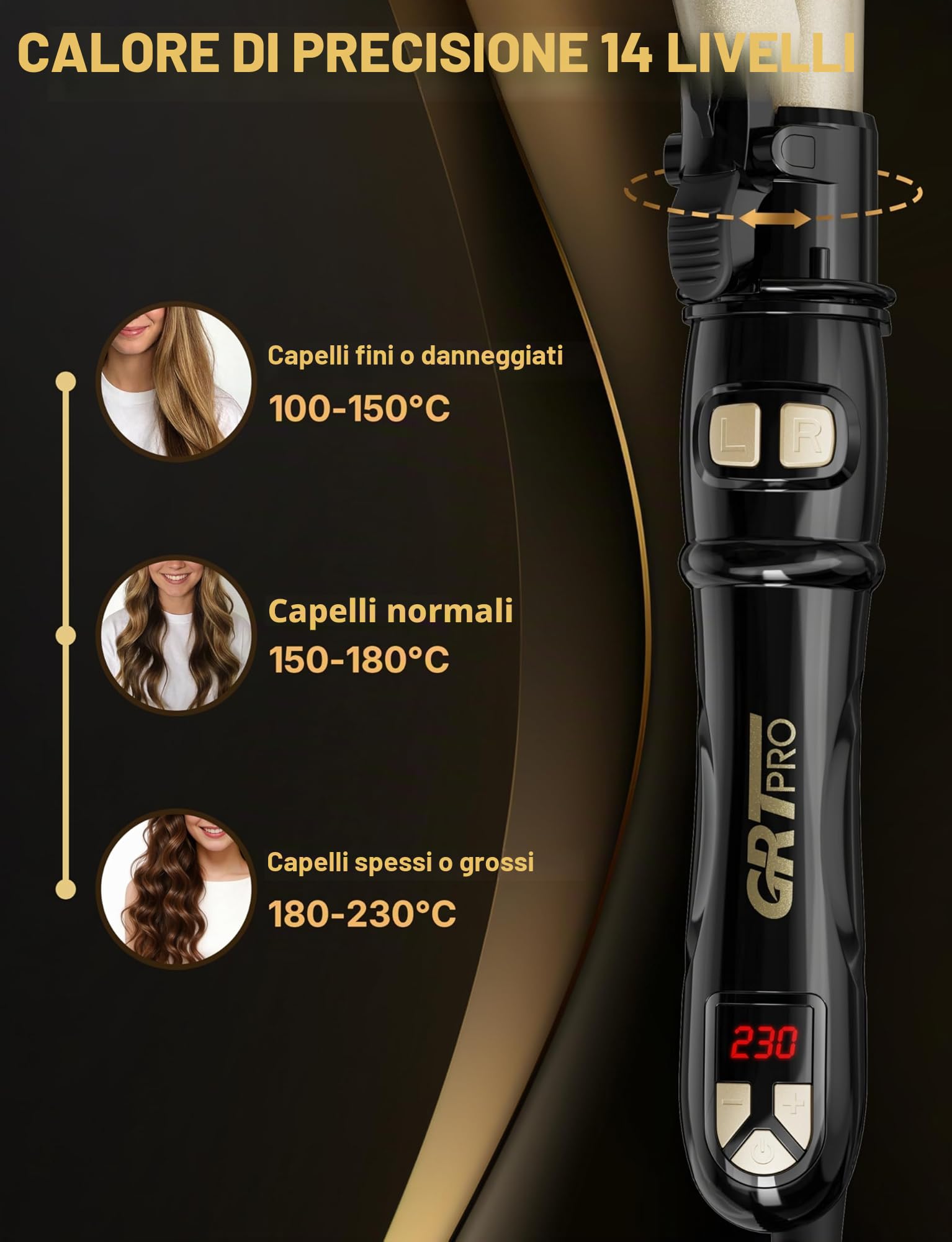 Ferro Arricciacapelli Automatico 28mm – Ferro Per Capelli Professionale Onde Larghe Con 14 Livelli Di Calore (100 – 230 °C), Display LED, Riscaldamento Rapido 30s, Spegnimento Automatico