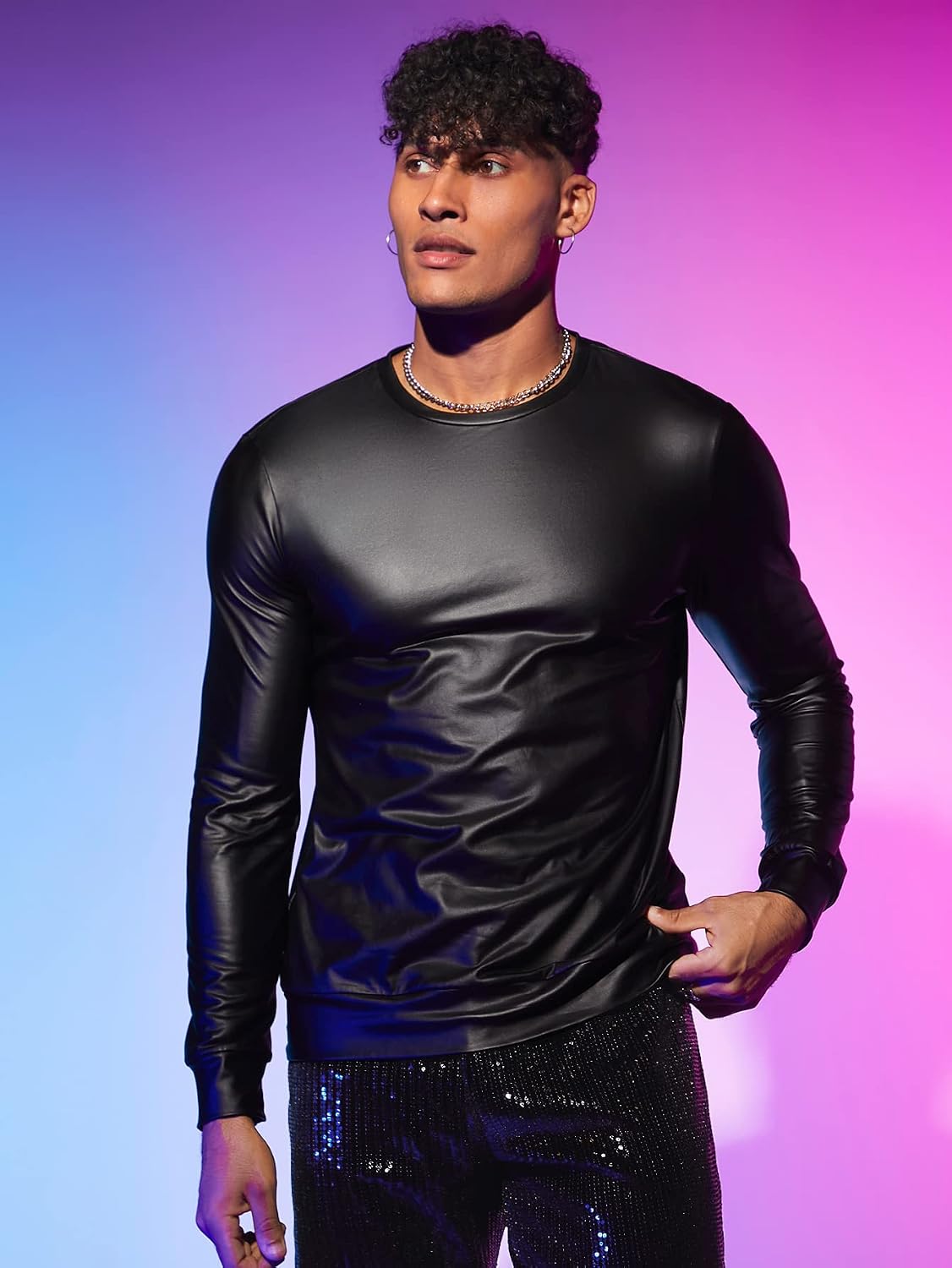 WDIRARA Men's Round Neck Long Sleeve PU Leather Sweatshirt Party Club Pullovers