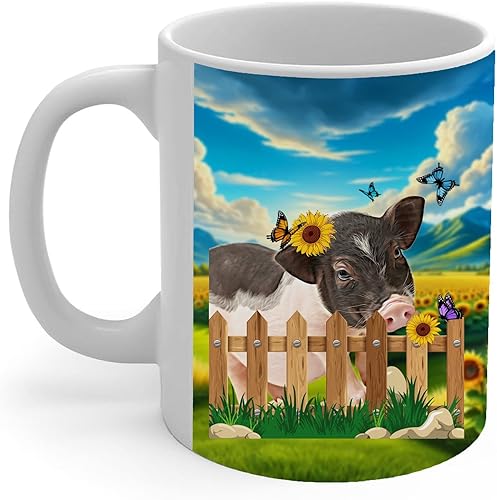 Lovesout Taza de café de cerámica blanca con diseño temático de cerdo de granja, taza de té de cerámica blanca de 11 onzas, regalos para dueños de