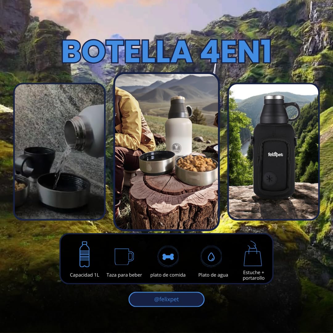 Botella Térmica 1L para Perros 4 en 1 – Acero Inoxidable con Bebedero Portátil, Comedero Extraíble, Porta Bolsas y Estuche Neopreno