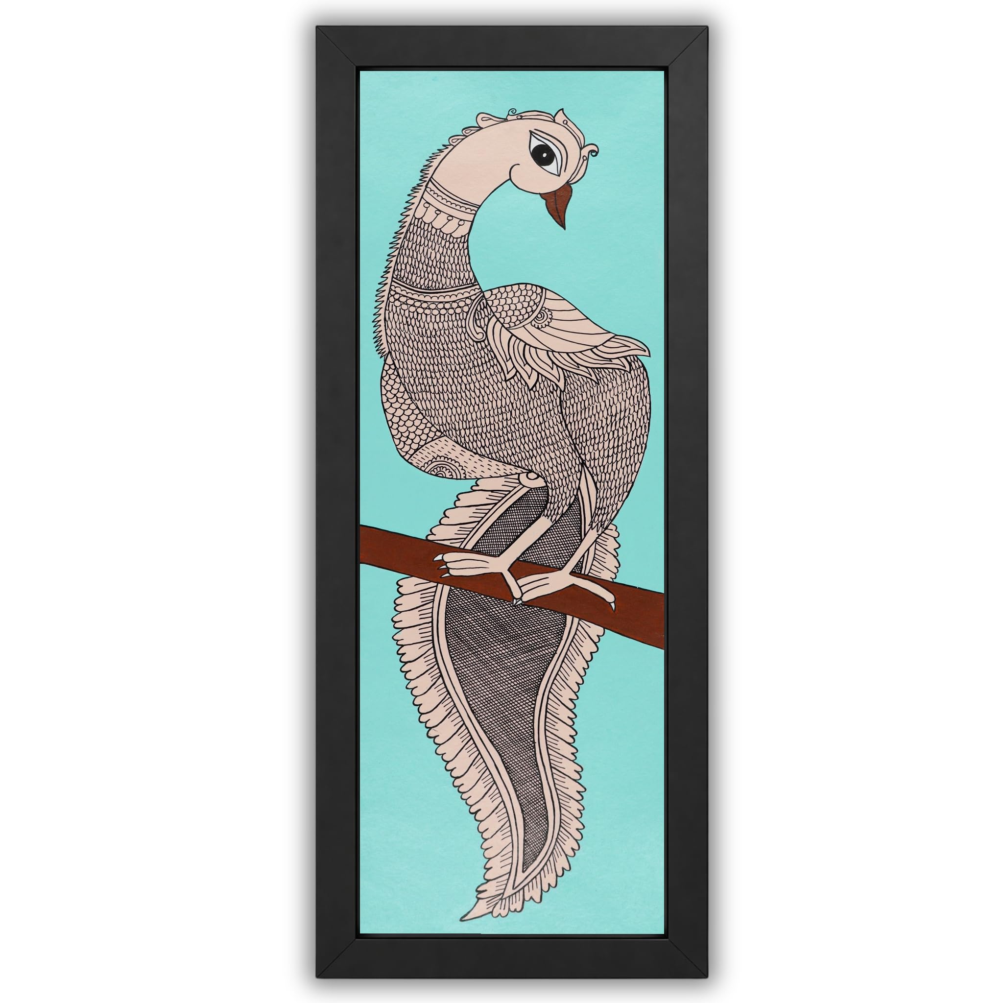 AAKARSHAK Kalamkari Handmade Peacock Painting Framed 20x58 cm Vertical Art - Traditional Indian Wall Decor for Living Room Bedroom Office Narrow Wall Hanging