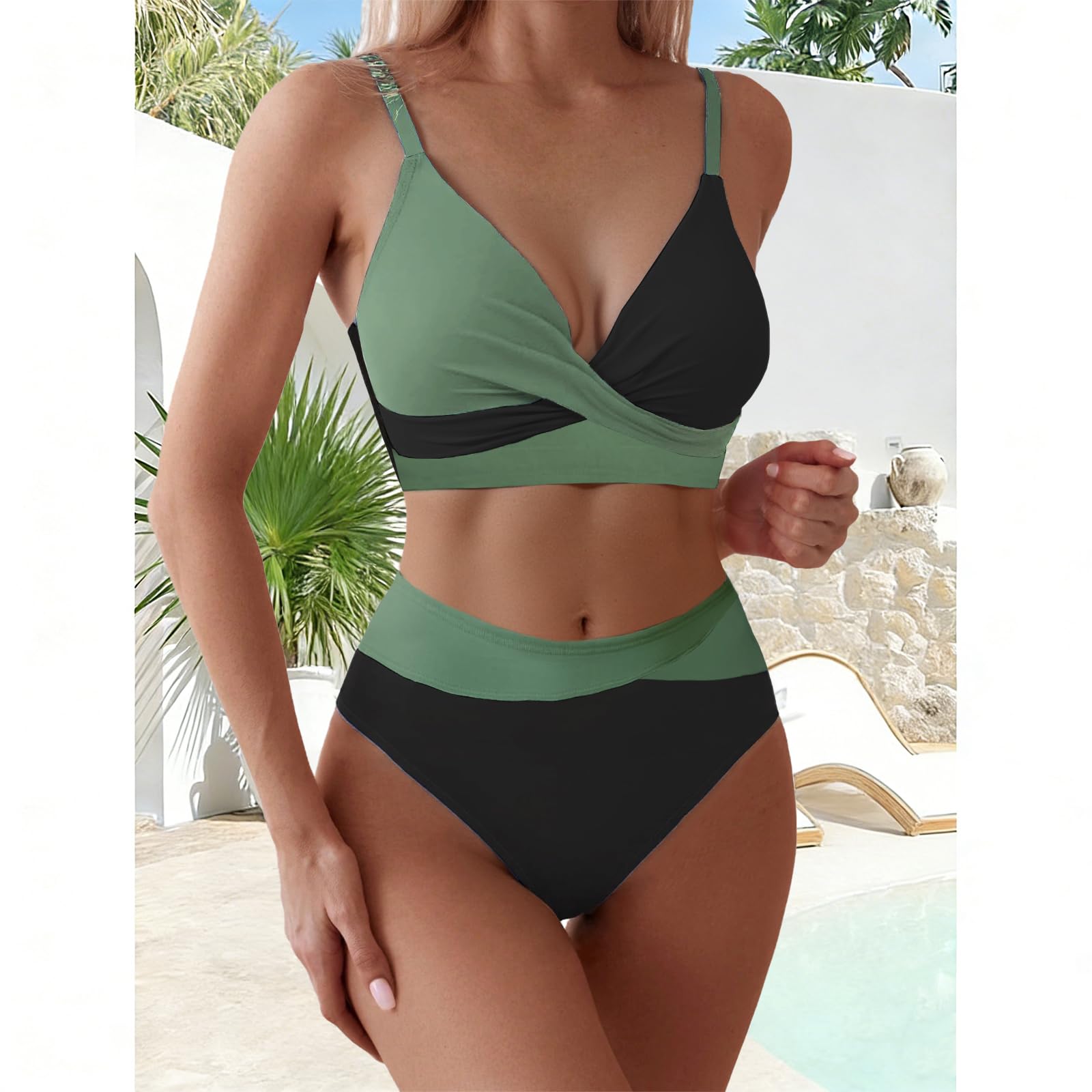 Femme Bikini Torsadé Taille Haute Ensemble Bikini | Col V Élégant Maillot de Bain 2 Pièces