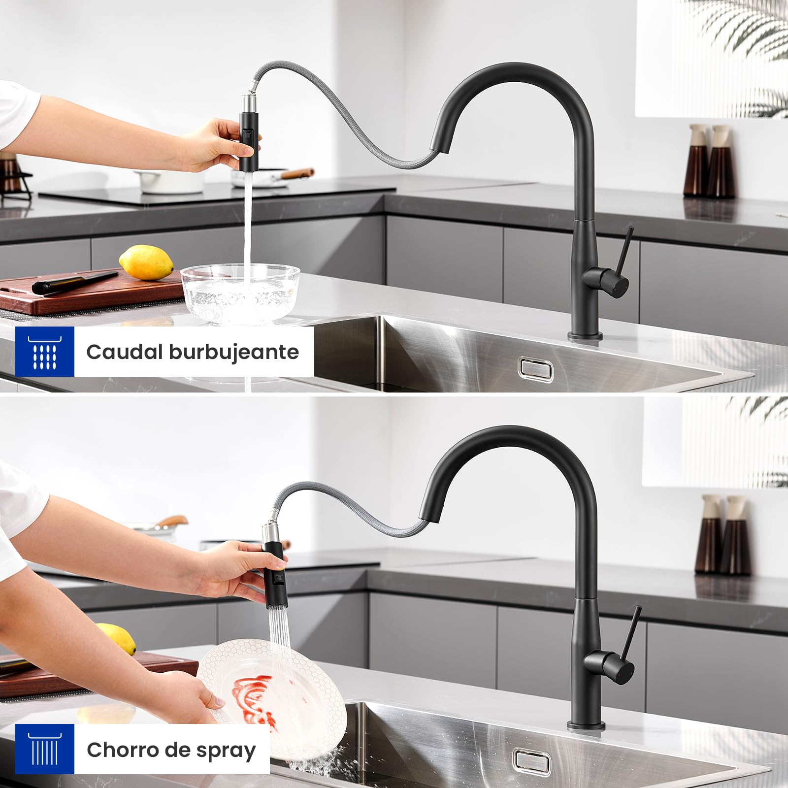 CECIPA Wymienna bateria kuchenna, dwa tryby, stal nierdzewna 304, obrót o 360°, łatwa instalacja, jeden uchwyt zimnej/ciepłej wody, oszczędność wody, brak rozprysków, mocna i szczelna, czarna