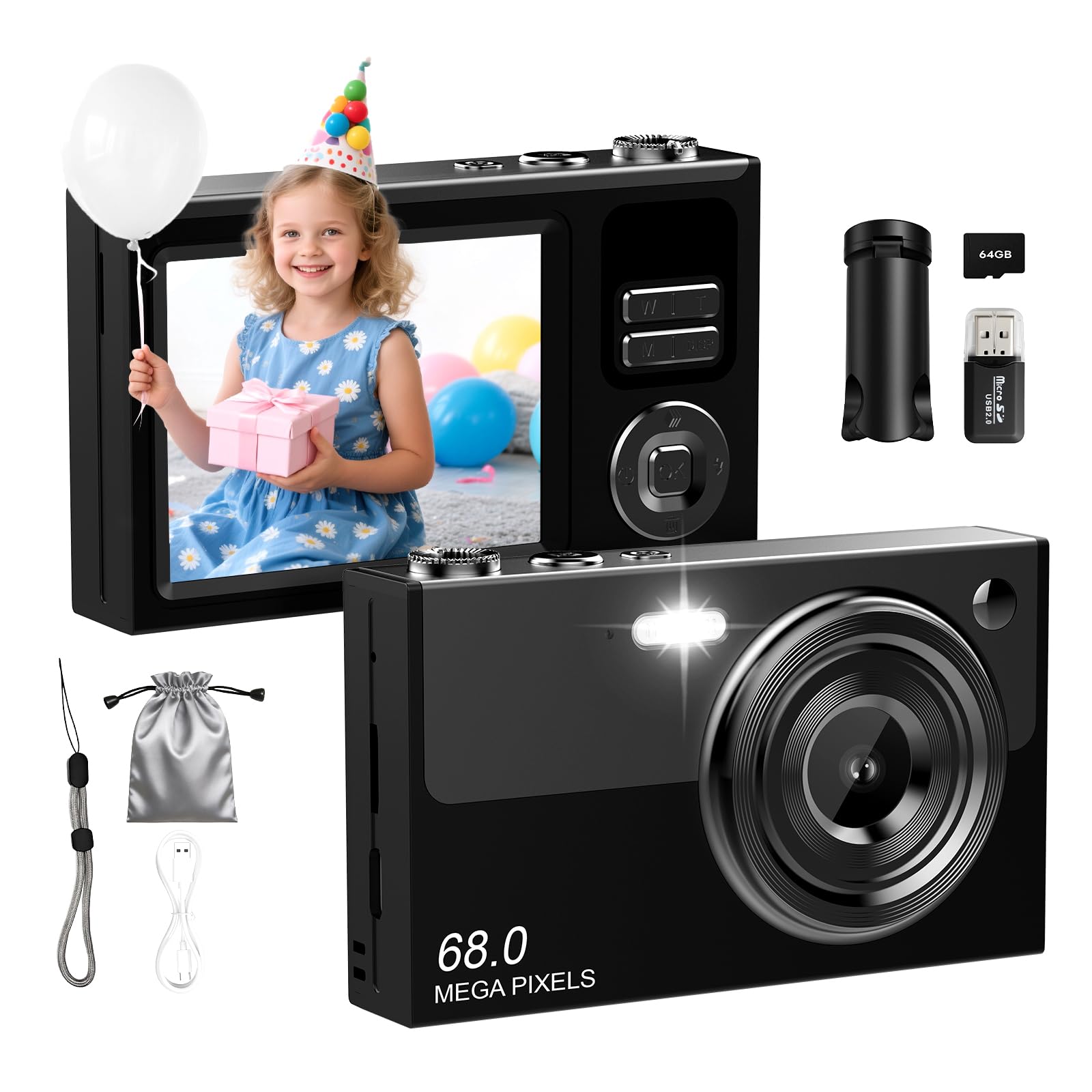 Digital Camera for Kids &amp; Beginners 64GB SD Point and Shoot Digital Cameras