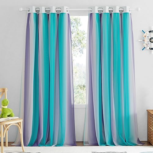 Miniatura 8 de NICETOWN Cortinas para dormitorio de niñas, cortinas de ventana huecas de estrellas de 63 pulgadas de largo, con ojales, 2 capas, 2 paneles, rosa y