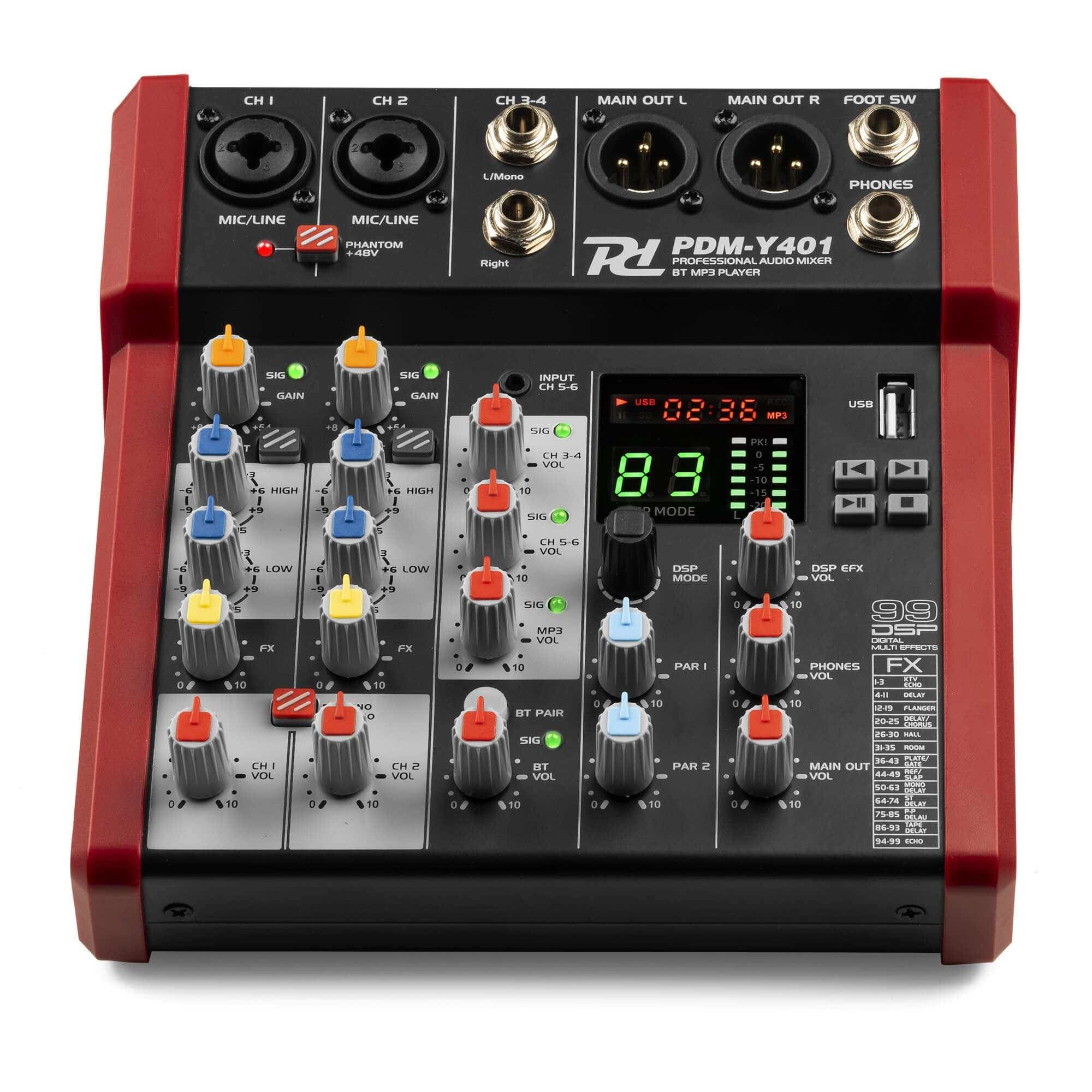 Power Dynamics PDM-Y401 Console de Mixage 4 Canaux avec Bluetooth - Entrées Micro, Alimentation fantôme 48V, Lecteur MP3 USB, Vu-Mètre, Idéal pour les DJs, Studios d'Enregistrement, Podcasts