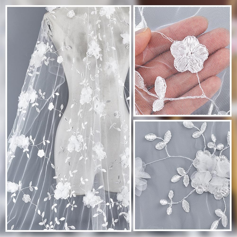 PH PandaHall 1.83m Blanc 3D Dentelle à Broderie Fleur 178cm de Large Dentelle Organza Fleurie Tissus à Broderie Maille Florale pour la Couture DIY Robe de Mariée Robe de Bal