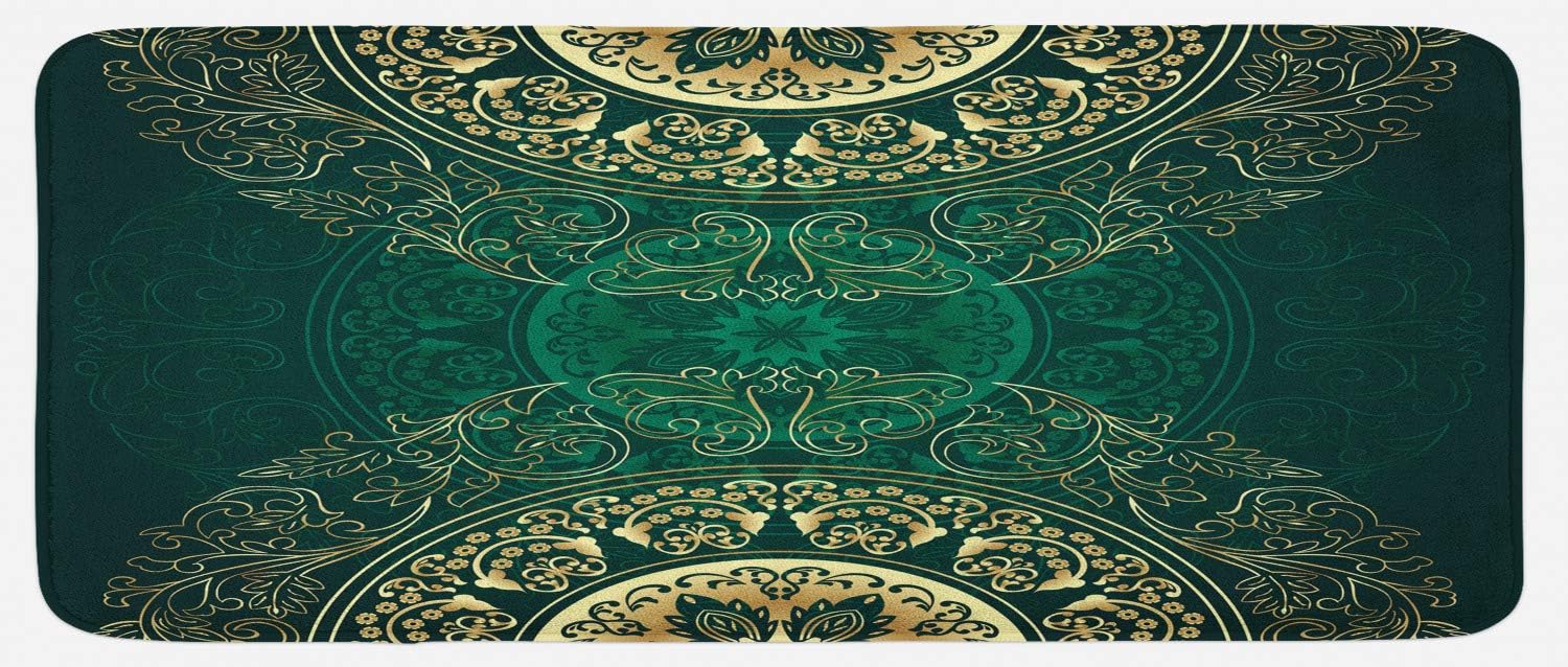 Lunarable Hunter Green Kitchen Mat, Retro Oriental Mandala Style Floral Circle Antique Swirls Pattern, Plush Decorative Kitchen Mat with Non Slip Backing, 47" X 19", Green Yellow
