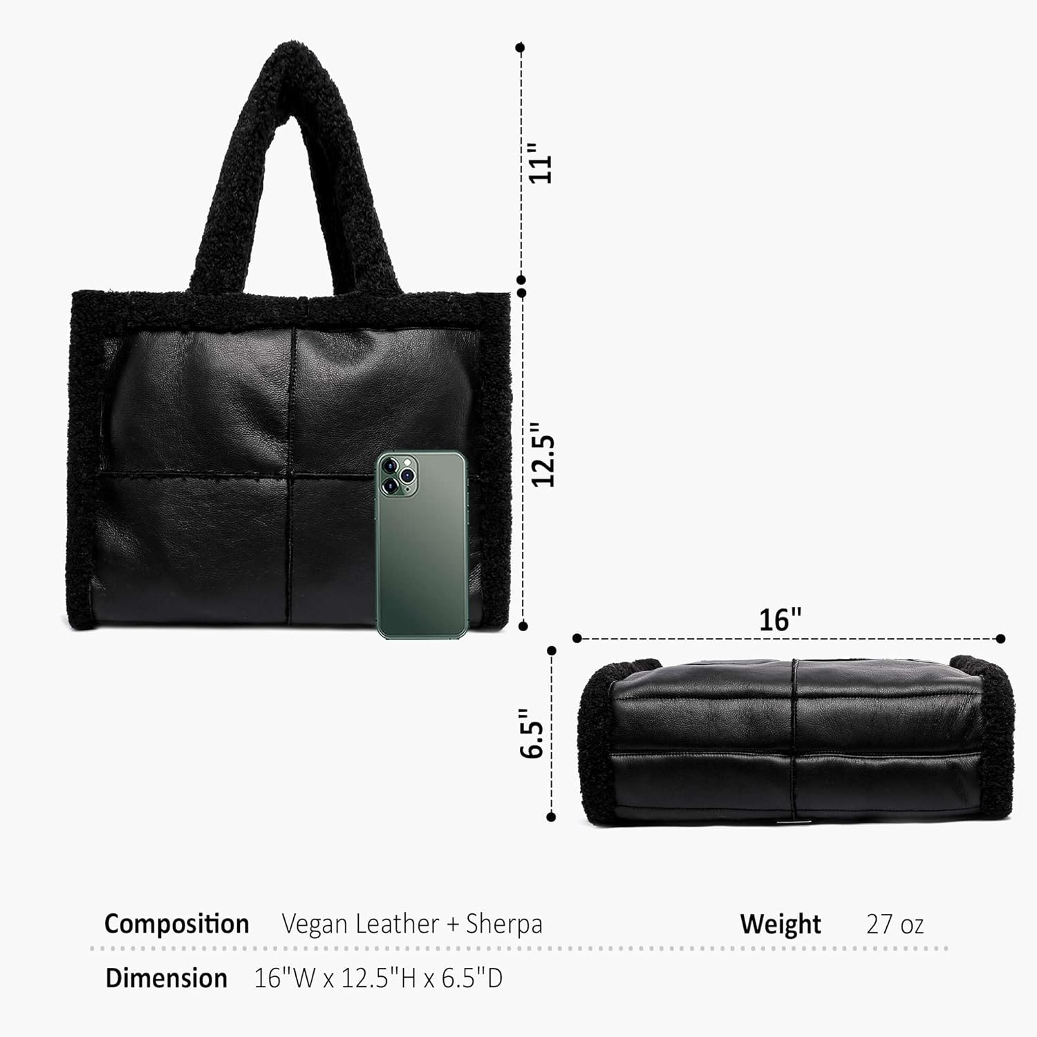 Like Dreams Large Sherpa Tote Bag, Inner Pocket Vegan Leather, Large Tote Hand bags for Women, Fashion Winter Purse - Image 7