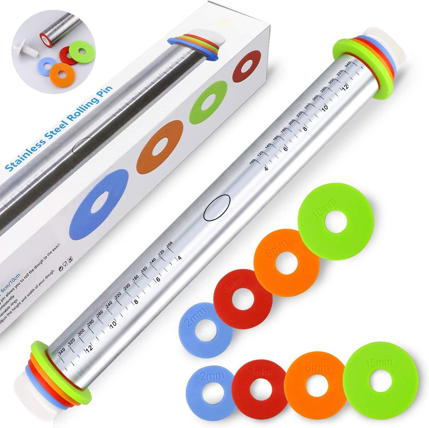 Rolling Pin, Adjustable Stainless Steel 17 in Rolling Pin with Thickness Setting Rings & Handles Precision Dough Roller for Pizza, Pasta, Biscuits & Pastry