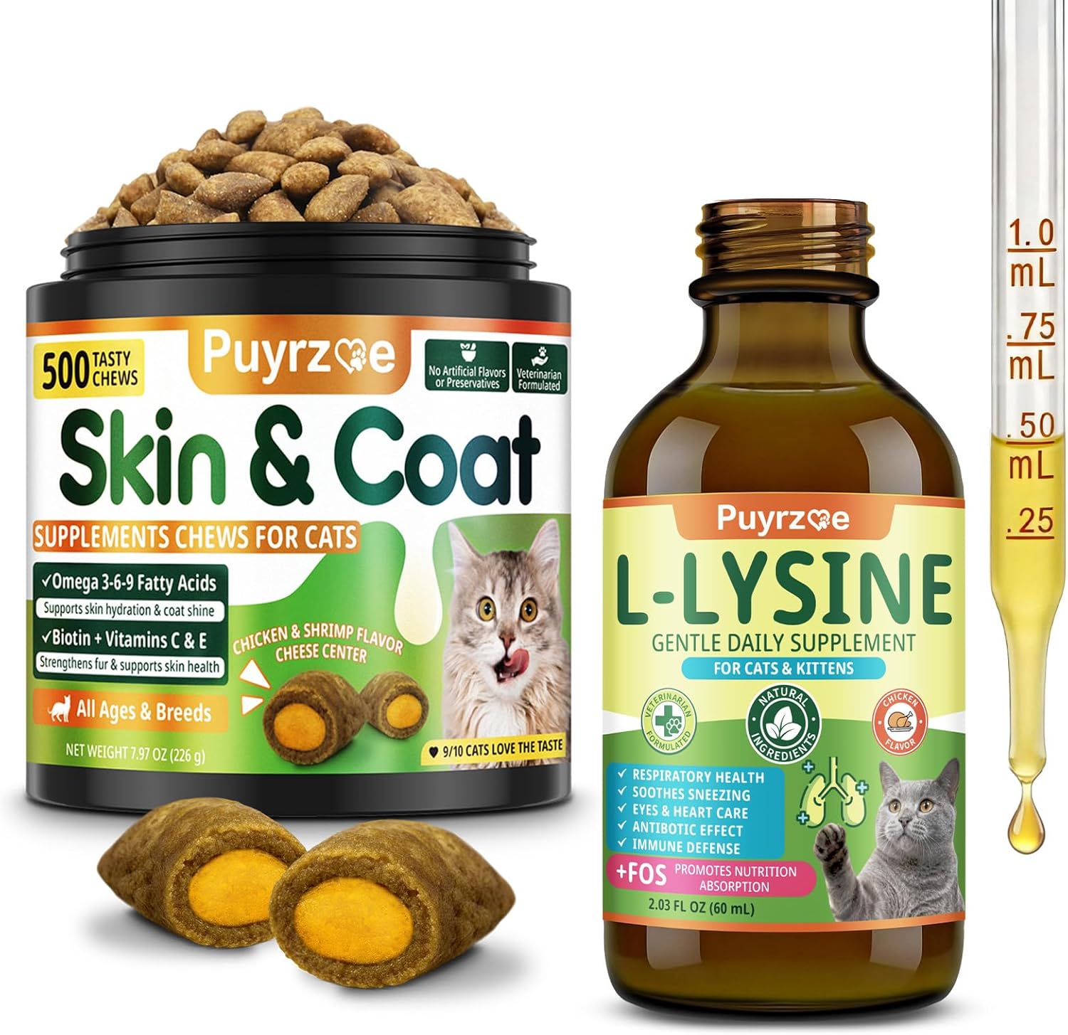 Puyrzoe Lysine for Cats Drops + Skin & Coat Chews, Respiratory & Immune Support + Coat Shine & Skin Hydration – Liquid Lysine 60ml + 500 Fur Care Chews with Omega-3-6-9, Vitamins C & E, Biotin