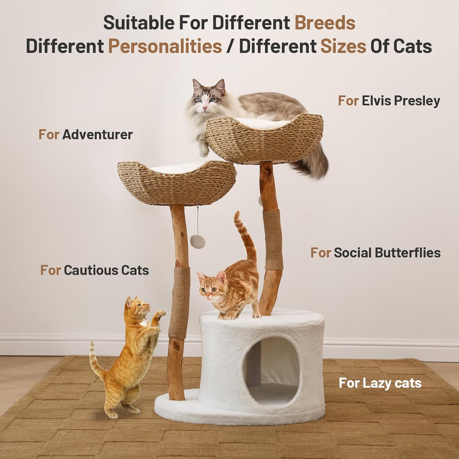 Modern Cat Climbing Tower Solid Wood Cat Tree for Indoor Cat Large Adult Tall Condo Tower with Scratching Post Bed and Stand