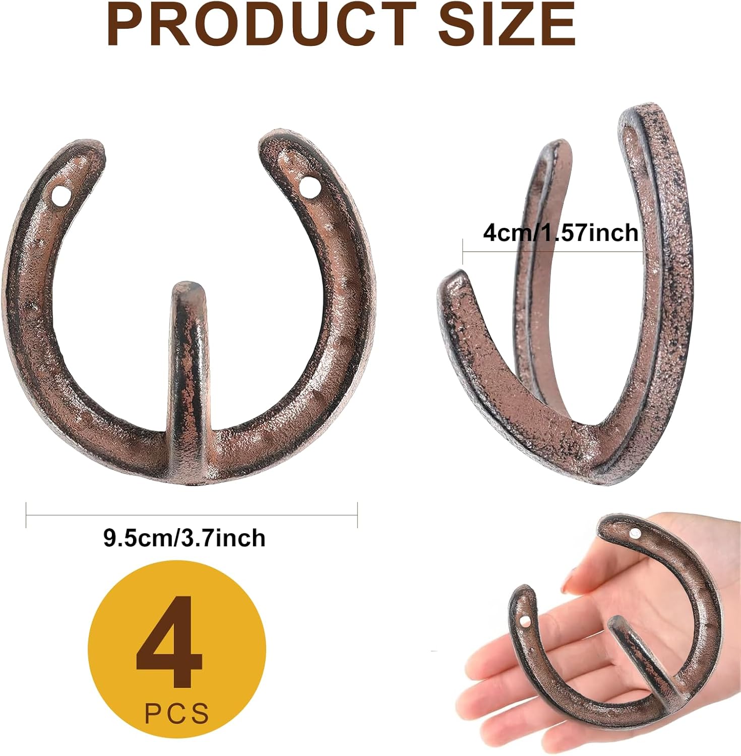 4 Pcs Cast Iron Horseshoe Wall Hooks, Rustic Farmhouse Western Coat Hooks for Towels, Hats, Bags, Heavy Duty Horseshoe Decor for Western Home & Bedroom Wall Decor