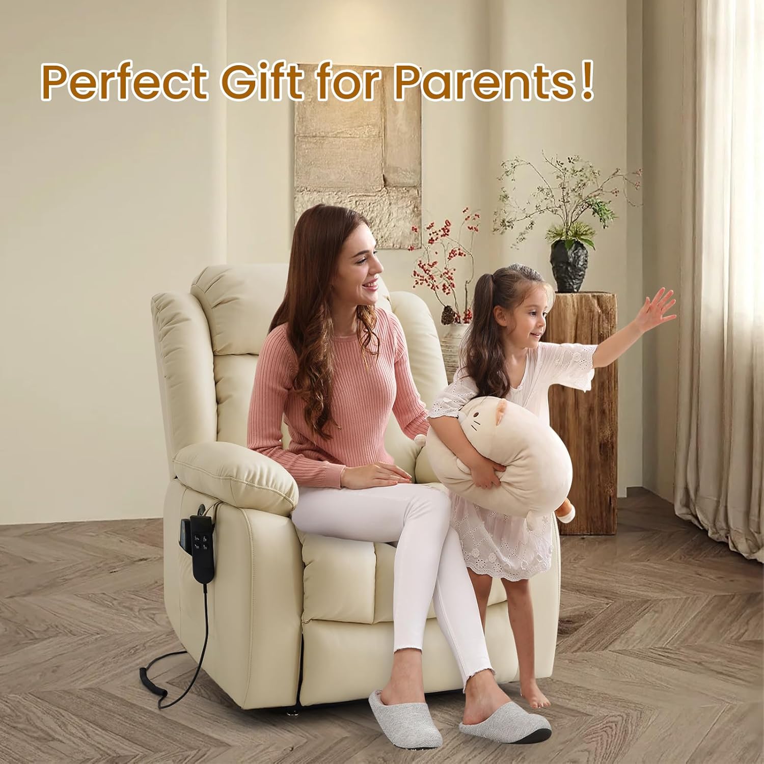 TEKAMON Power Lift Recliner Chair for Elderly with Heat & Massage, Dual Motor Breathable Leather Recliner, Lay Flat Sleeping Chairs with Infinite Position, RemoteControl(Beige, Extended)