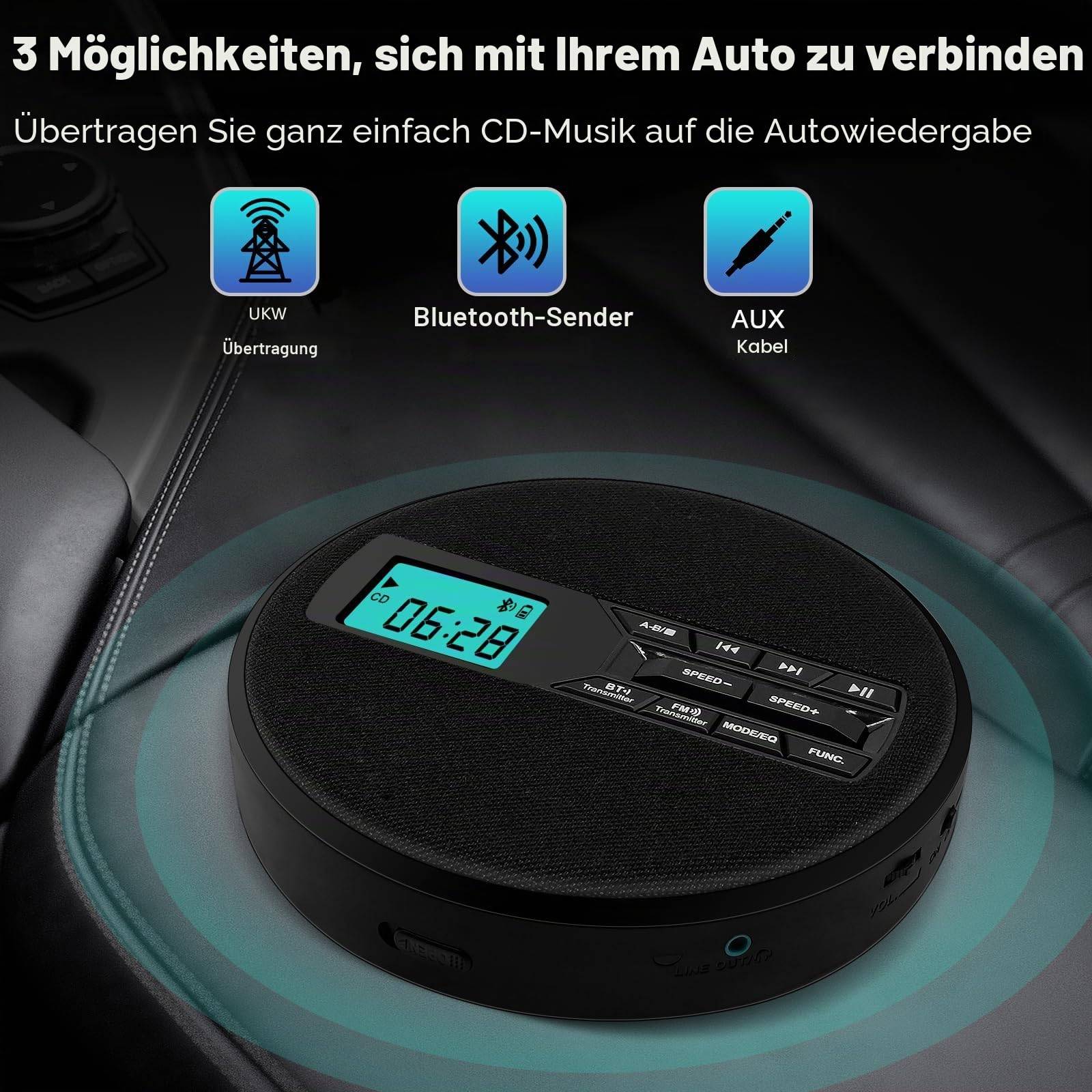 Tragbarer CD-Player mit Dual-Lautsprechern | Antischock, USB/AUX, LCD-Display | 5 EQ-Modi, A-B Repeat, 10 Geschwindigkeiten | Mobiler Musikplayer in Schwarz