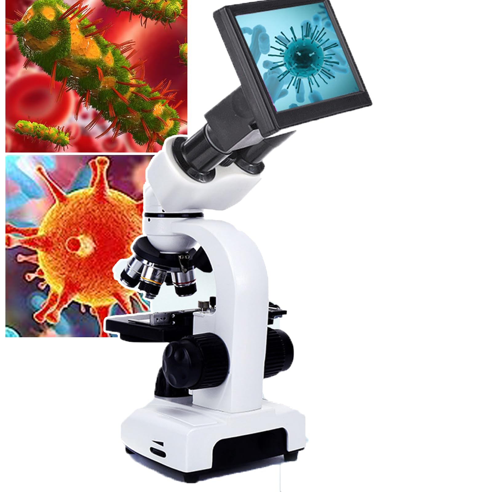 LNNLAA Microscope, Binocular Compound Microscope (120,000X), 5-inch Screen + 5 Color Filters, 360-degree Rotating Lens Tube + Storage Shockproof Bag，LED Up And Down Electric Light Source,White