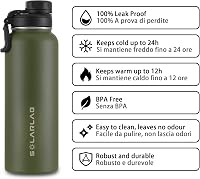 SOLARLAB Rozsdamentes Acél Termosz Palack 1,2L Zöld - Hőszigetelt Kulacs Hideg és Meleg Italokhoz Sport és Túrázáshoz 2