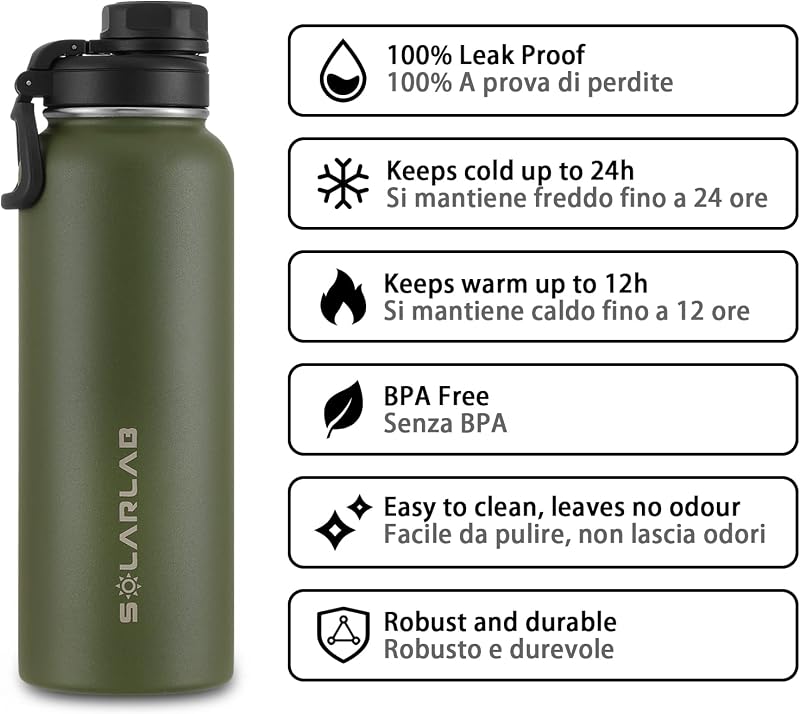 SOLARLAB Rozsdamentes Acél Termosz Palack 1,2L Zöld - Hőszigetelt Kulacs Hideg és Meleg Italokhoz Sport és Túrázáshoz