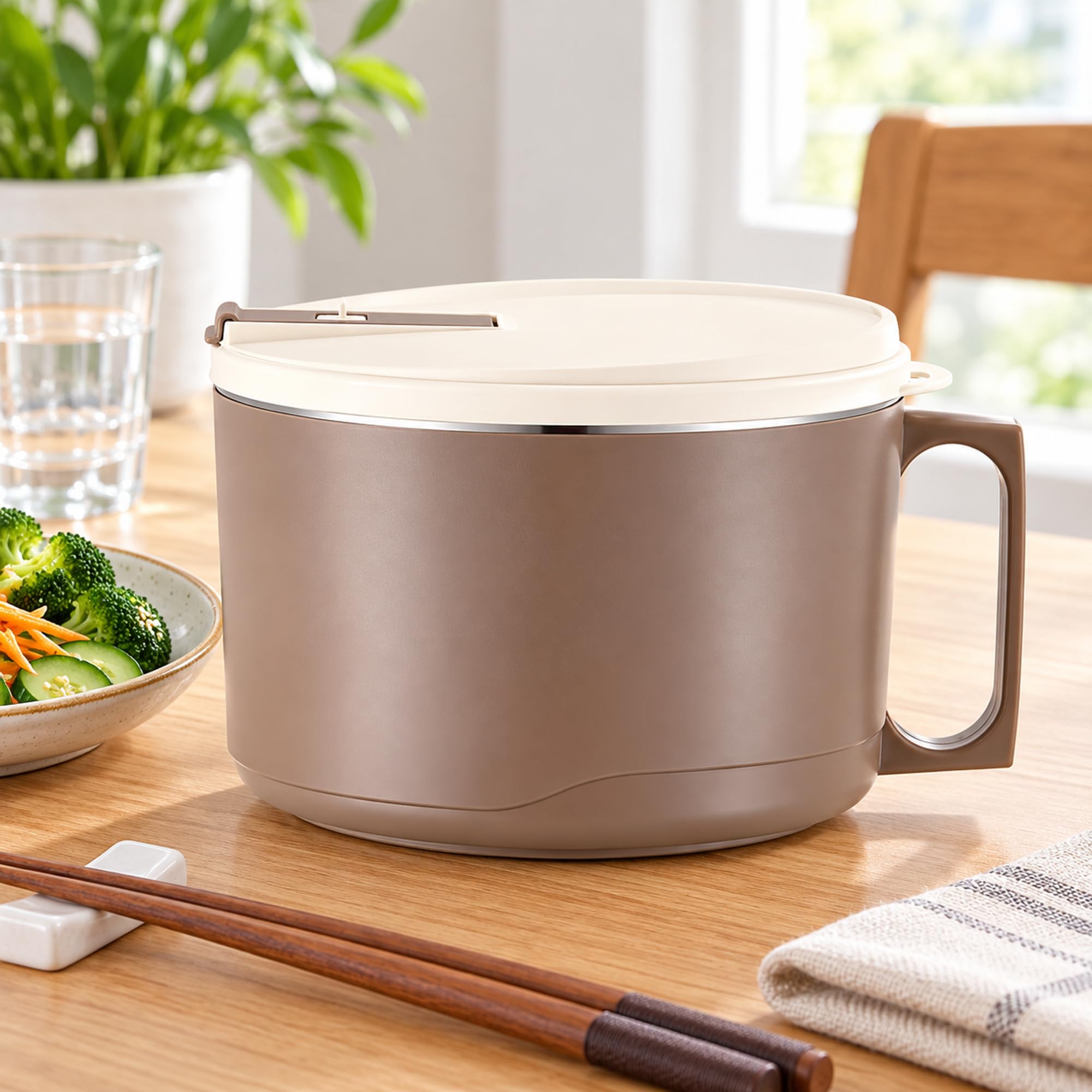 Plastic Noodle Bowl with Stainless Steel Lining and Lid for Packed Lunches, Everyday Home Meals and Food Serving