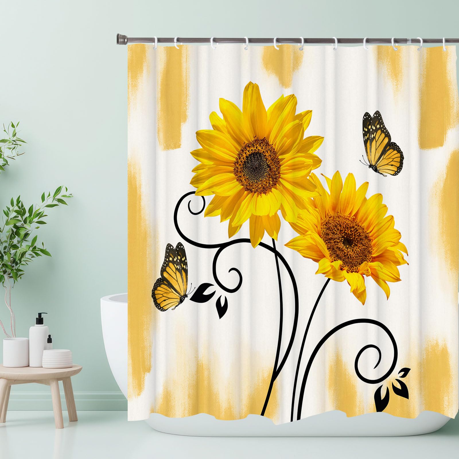 LKFBSC Sunflower Shower Curtain, Farmhouse Floral Flower Yellow Butterfly Shower Curtain for Bathroom, Abstract Botanical Artistic Natural Waterproof