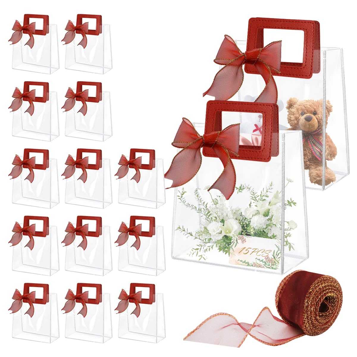 15 Pcs Clear Gift Bags with Handles, Transparent PVC Gift Bag with Ribbon, Reusable Plastic Shopping Bags, Heavy Duty Gift Wrap Bags for Bridal Party