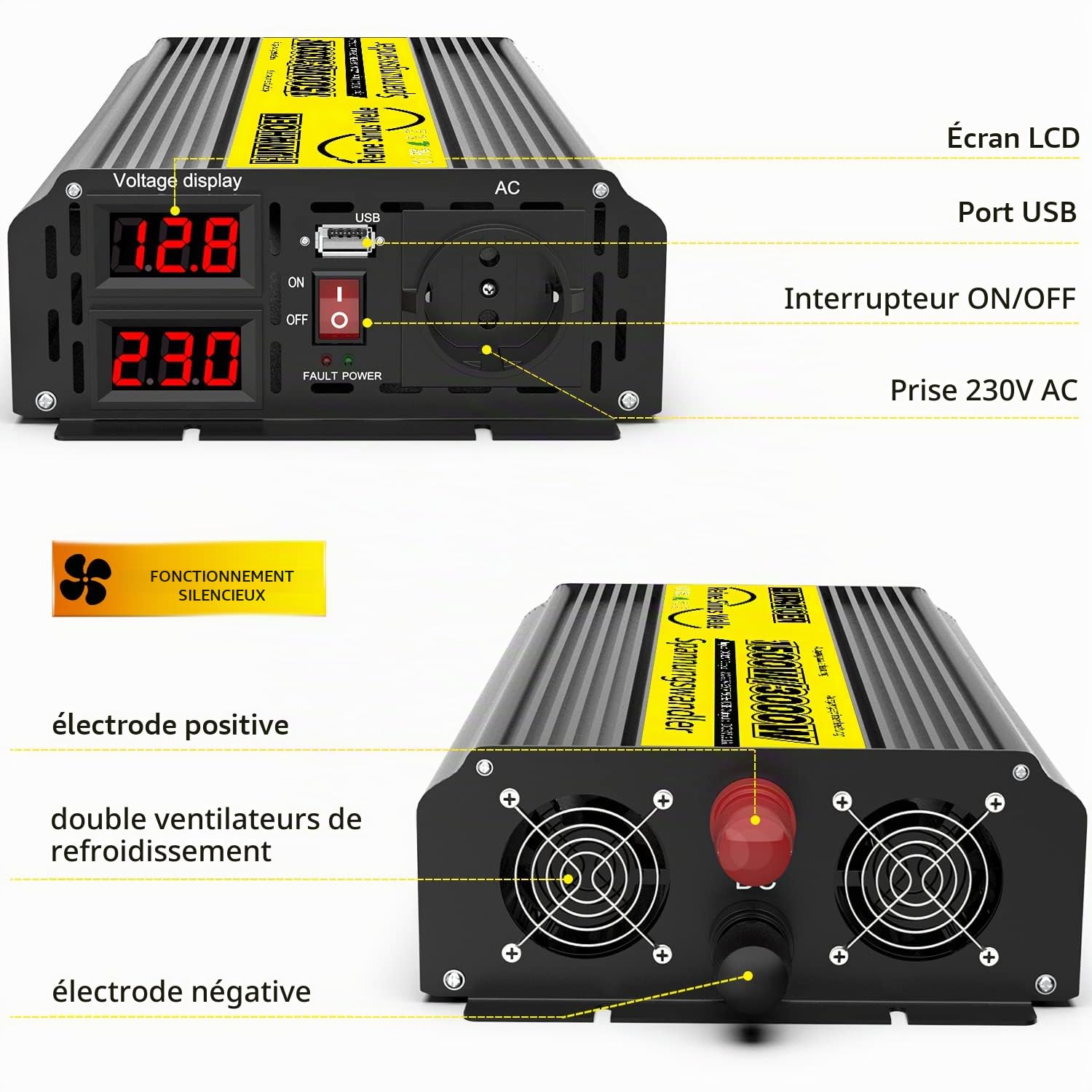 1500W/3000W Convertisseur sinusoïdal Pur 12V vers 230V Convertisseur de Tension sinusoïdale Pure, pour Camping-Car, Camion,avec Ports de Charge USB 5V/2.1A intégrés Convertisseur de Voiture 12 V