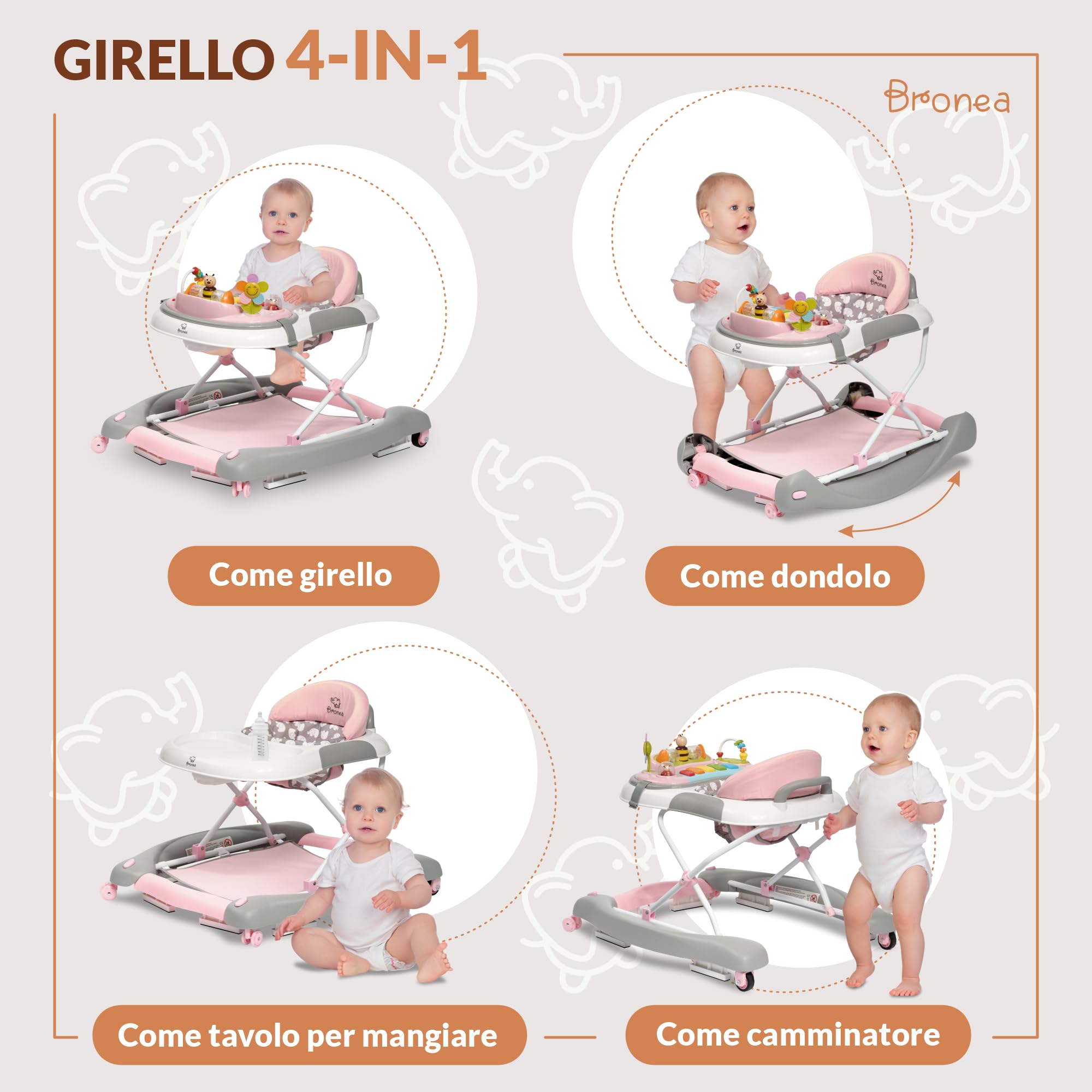 Girello 4-in-1 per Bambini con funzione altalena e pannello di gioco con musica | Regolabile in altezza e pieghevole | Con ruote silenziose e freno