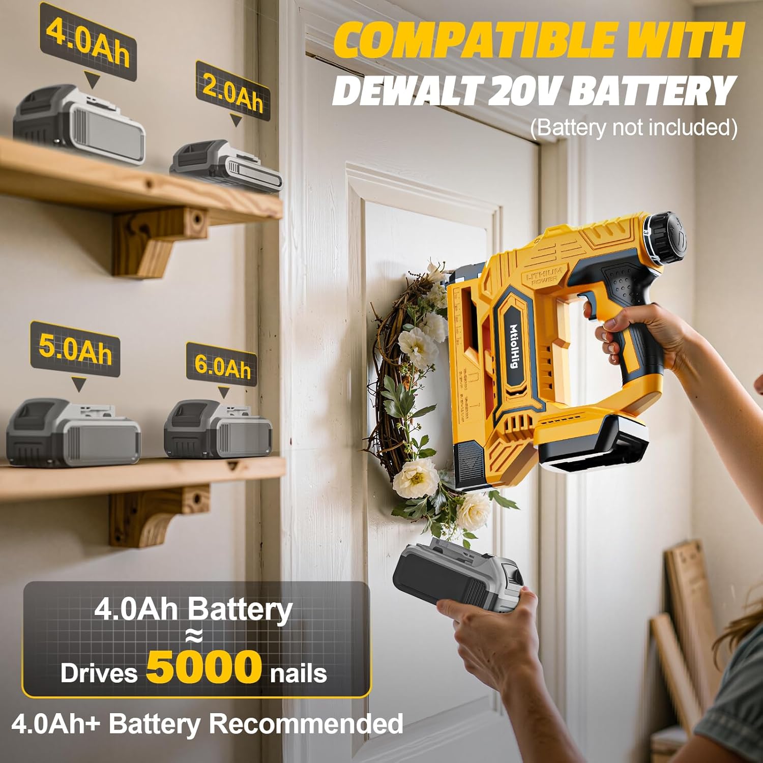 Cordless Brad Nailer 2-in-1 Compatible with Dewalt Battery, 5/8 to 1-1/4 Inch 18 Gauge Nail Gun with 2000 Nials for Wood Carpentry, Brushless, 2 Mode, Tool Only, 5.9LBS