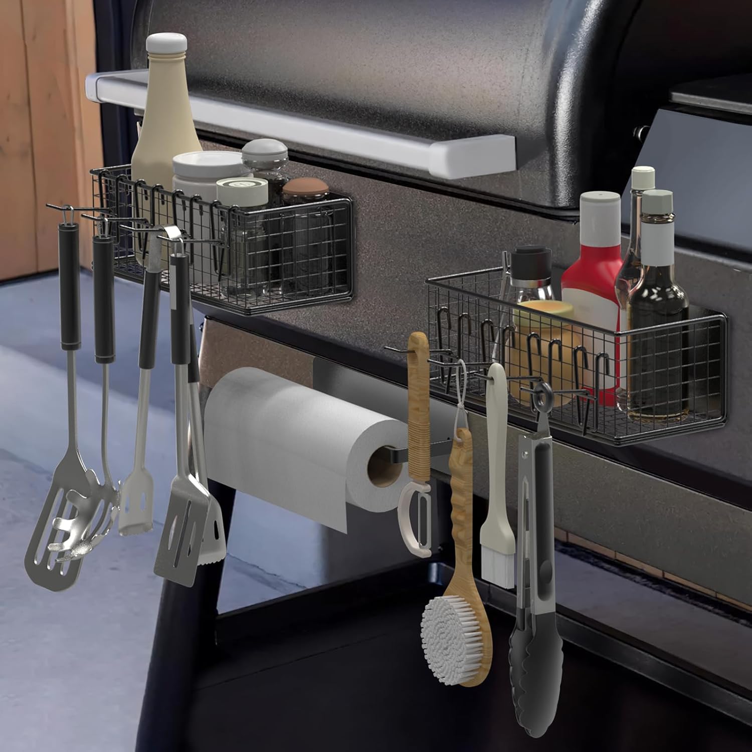 2 Pack Magnetic Storage Bins and Paper Towel Holder for Traeger Smoker Grills, Suit for Traeger Ironwood 885, Pro Series 34, Pro Series 22, Pro D2 575, Pro 780, Ironwood 650, Z-Grills, Pit boss