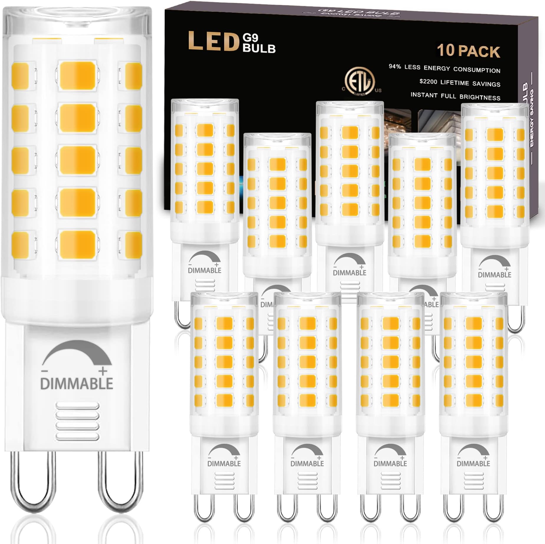 winshine 10 Pack Dimmable G9 LED Light Bulb 3000K Warm White, 4W G9 Base Chandelier Light Bulb Soft White, T4 40Watt Halogen Replacement G9 Bi Pin Base, CRI85 120V 360° Beam Angle