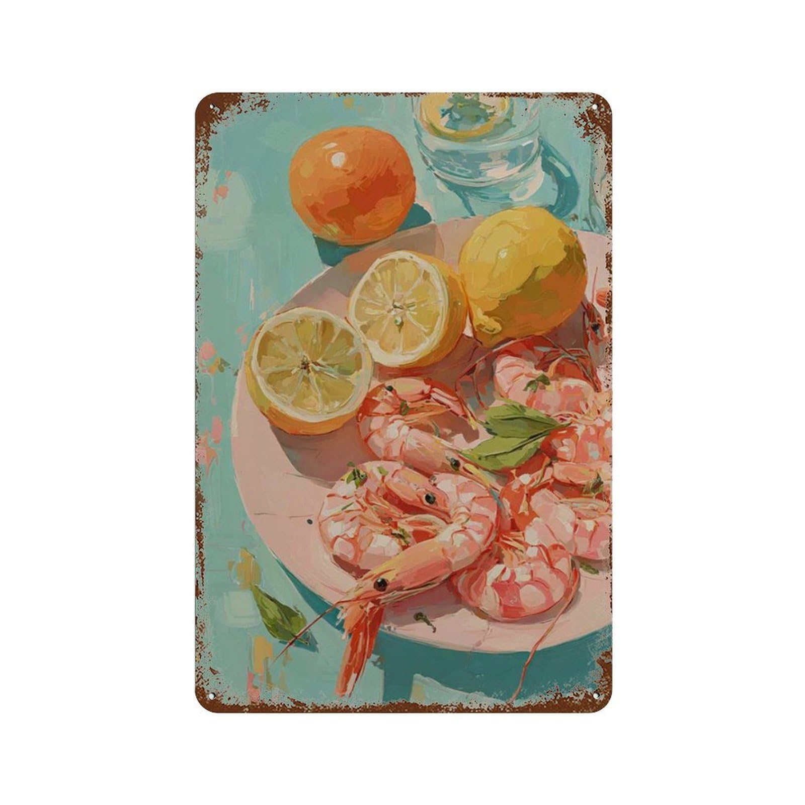 xiaoxiaoshen Shrimp Seafood Kitchen Citrus Food Mediterranean Dining Wall Decor Art Metal Tin Poster Modern Home Decor Art Home Bar Shop Decorations Vintage Sign 30x20cm